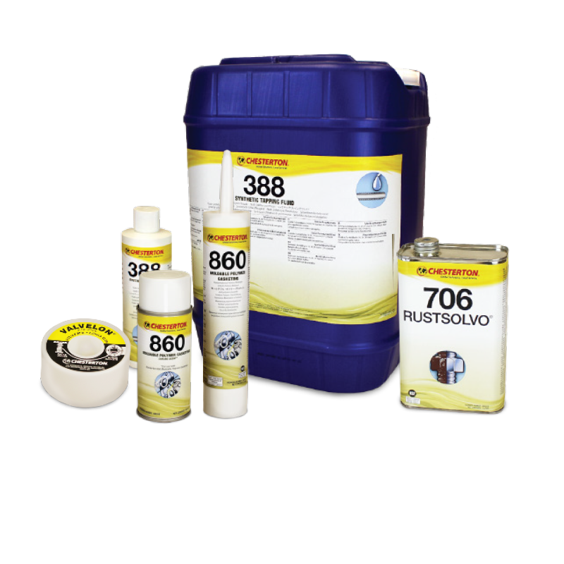 Chesterton industriprodukter: 388 Synthetic Tapping Fluid, 860 Molybden fett, 706 Rustsolvo och Valvelon packningsband.